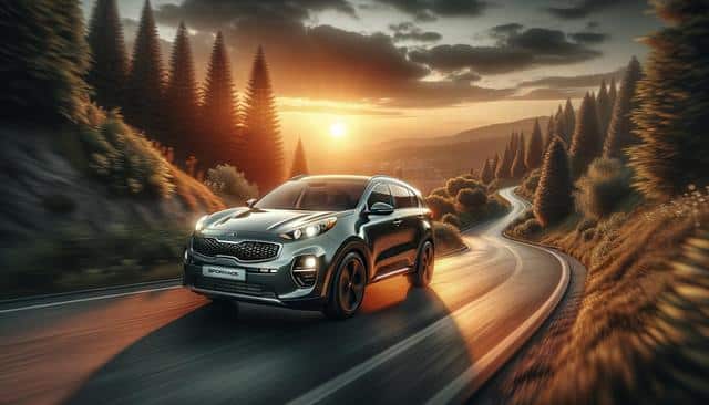 A sleek SUV driving on a winding forest road during a scenic sunset.