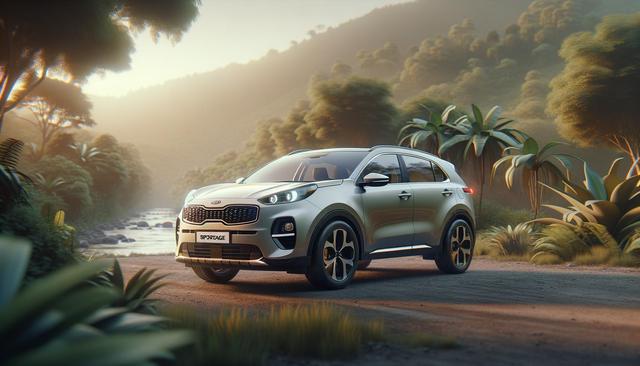 A silver SUV is parked on a dirt road amidst tropical trees, with a river flowing nearby and hills in the background.