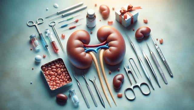 A stylized depiction of kidneys surrounded by medical tools, pills, vials, and a small gift box with a bow.