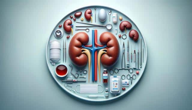 Surgical tools and medical items arranged around a pair of illustrated kidneys on a round tray.