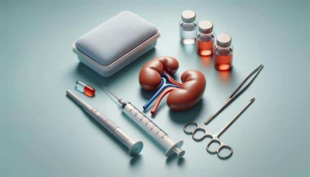 Medical tools, syringe, vials, kidneys model, pill, and container on a light blue surface.