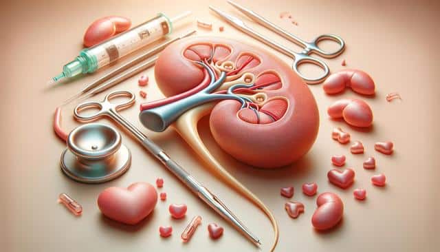 A detailed anatomical kidney model surrounded by medical tools and heart-shaped objects on a beige background.