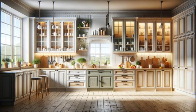 Bright kitchen with wood floors, white cabinets, hanging lights, and potted plants on the countertop.