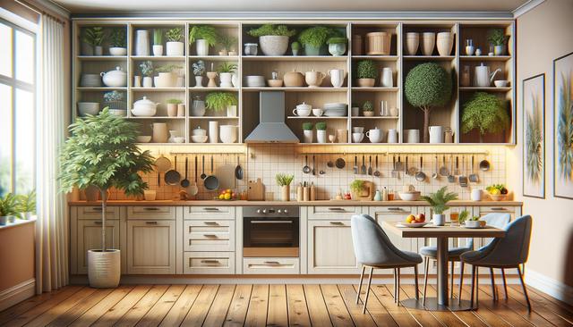 A cozy kitchen with wooden cabinets and open shelves filled with plants and dishes. A cooking area with utensils, and a small dining table with chairs.