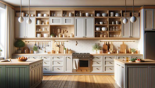 A bright kitchen with open shelves, white cabinets, wooden countertops, and hanging utensils.