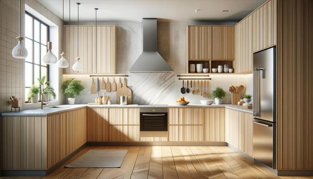 Modern kitchen with wood cabinets, stainless steel appliances, large window, potted plants, and hanging pendant lights.