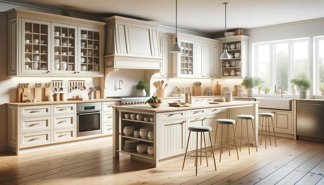 Warm-toned kitchen with wooden cabinets, large windows, and a central island with stools and cooking utensils.