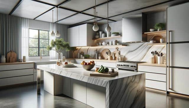 Modern kitchen with marble island, bar stools, pendant lights, and large window.