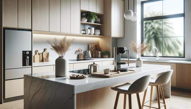 Modern kitchen with light wood cabinets, marble island, bar stools, and a coffee machine. Large window with a sunny view.
