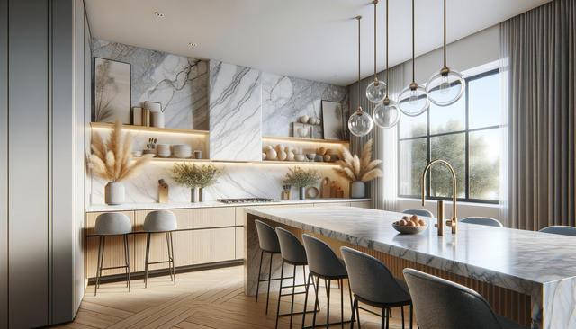 Modern kitchen with marble surfaces, wooden cabinets, pendant lights, bar stools, and large window.