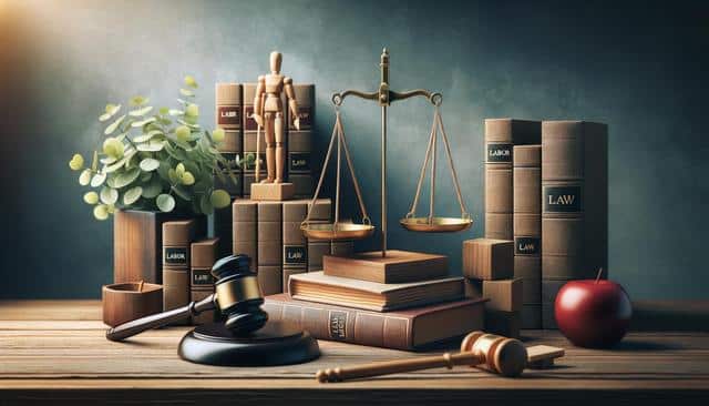 A judge's gavel, scales of justice, law books, a wooden mannequin, and a red apple on a table.
