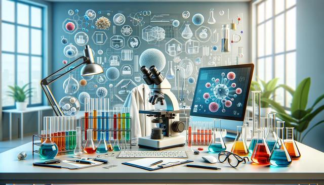 A laboratory with a microscope, colorful test tubes, beakers, a computer displaying viruses, and scientific icons in the background.