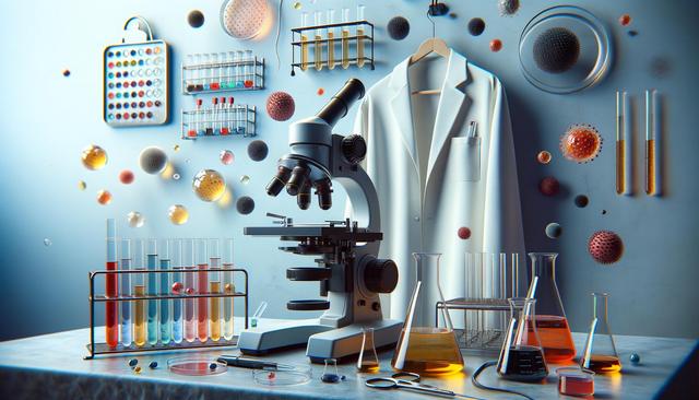 A laboratory scene with a microscope, test tubes, flasks, and a lab coat on a hanger, with colorful molecular structures floating around.