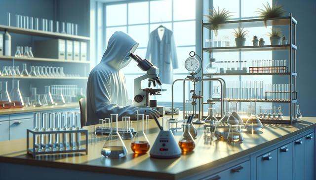 A person in a hooded suit uses a microscope in a lab filled with glassware, plants, and a hanging coat.
