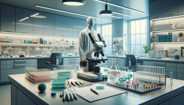 A modern laboratory with a microscope, test tubes, flasks, and a mannequin in a lab coat.