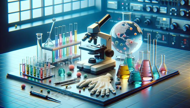 A lab bench with a microscope, test tubes, colorful chemicals, gloves, and scientific instruments.