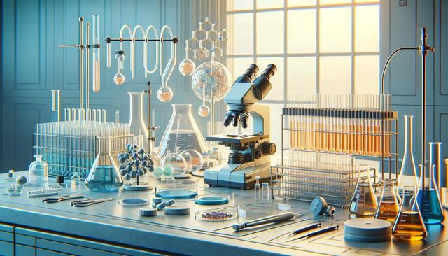A sunlit laboratory filled with flasks, beakers, test tubes, a microscope, and molecular models on a table.