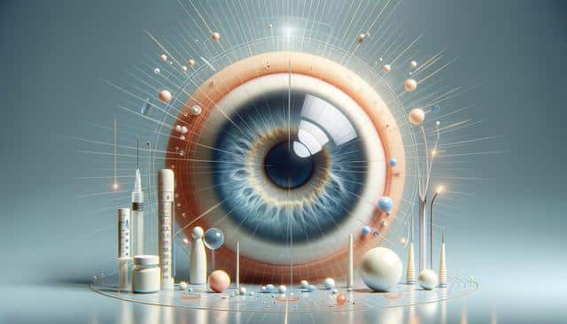 Surreal image of a large eye surrounded by scientific and medical instruments, with floating spheres and light rays.