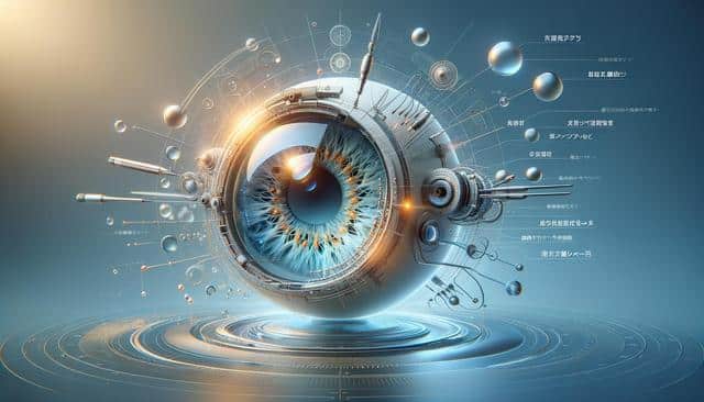 Futuristic mechanical eye surrounded by digital interfaces and glowing lines.