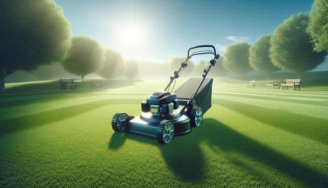 A lawnmower on freshly cut grass, with sunlight and trees in the background.