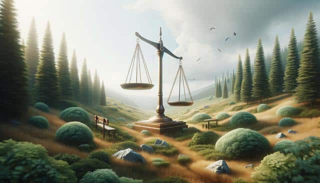 A large scale stands in a serene valley surrounded by tall pine trees and grassy fields under a cloudy sky.