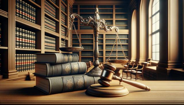 A gavel, scale, and legal books on a desk in a law library.