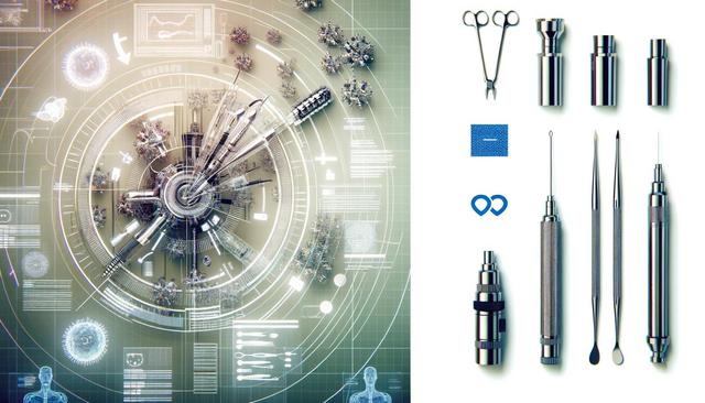 Futuristic medical technology with surgical instruments and digital interface.