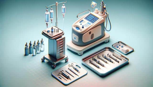 Medical equipment set with syringes, instruments, IV bags, and a monitoring device on a teal background.