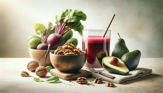 Bowl of walnuts, fresh beets, avocados, and a glass of red juice on a table.