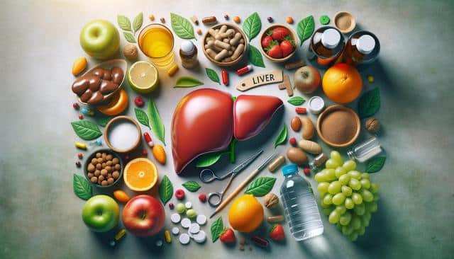 A liver model surrounded by healthy foods, supplements, and medical supplies.