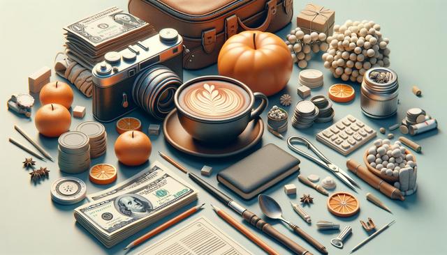 A cluttered desk with coffee, a camera, money, fruit, and various stationery items.