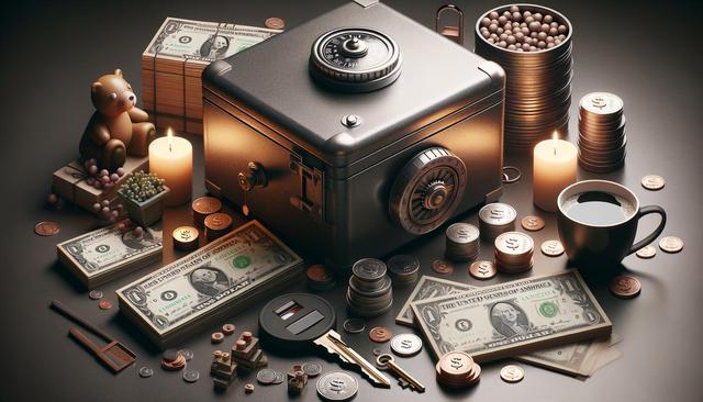 A safe surrounded by money, coins, keys, candles, a teddy bear, coffee, and small items arranged on a table.