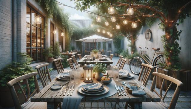 Elegant outdoor dining setup with wooden tables, chairs, string lights, lanterns, and a bike leaning on a wall.