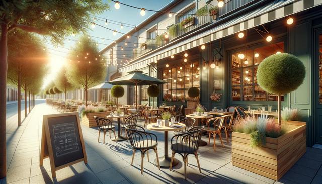Charming outdoor café with string lights, wooden tables, chairs, plants, and a chalkboard menu, set under a warm, sunny sky.