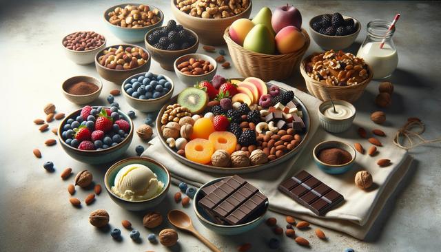 A colorful spread of fruits, nuts, chocolate, and dairy products arranged on a table.
