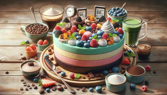Colorful layered cake topped with assorted berries and mint, surrounded by bowls of coffee, chocolate, and fruit on a wooden table.