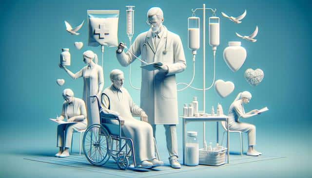 A doctor stands with a clipboard beside an elderly patient in a wheelchair, surrounded by nurses, medical supplies, and flying doves.