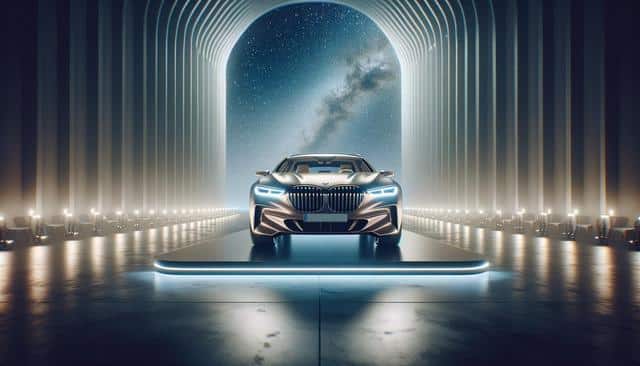 A futuristic car on a platform inside a sleek, curved light-filled tunnel with a starry night sky visible.