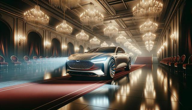 A sleek luxury car on a red carpet in an opulent hall with chandeliers.