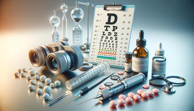 An assortment of eyeglasses, syringes, pills, bottles, an eye chart, and hourglasses on a table.