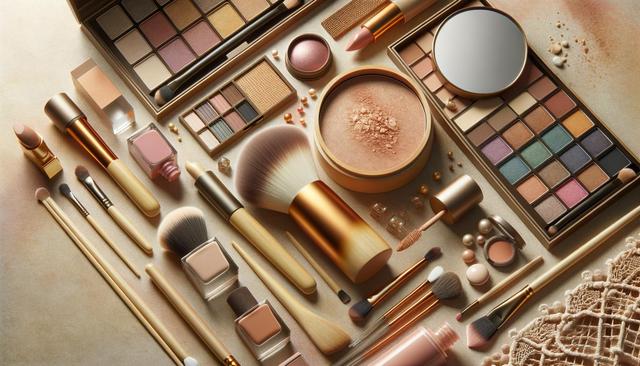 Various makeup items arranged neatly, including brushes, eyeshadow palettes, lipsticks, and powders, on a soft background.