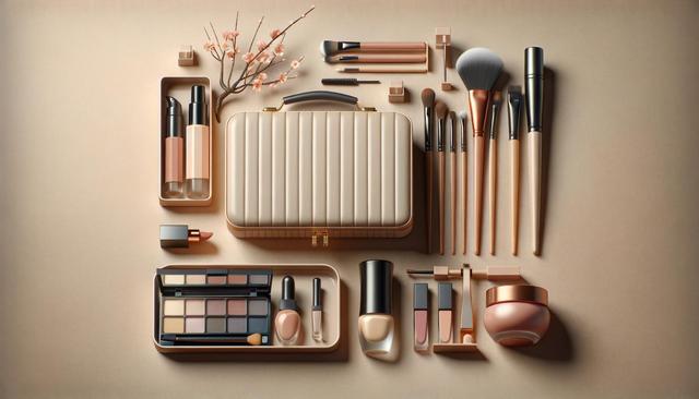 A neatly arranged makeup set with brushes, lipsticks, a palette, foundation, and a cosmetic case on a neutral background.