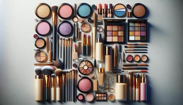 A neatly arranged collection of makeup items including brushes, lipsticks, powders, and palettes on a light background.