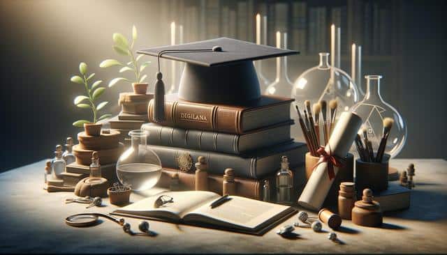 Graduation cap on stacked books, surrounded by plants, laboratory glassware, paintbrushes, and an open notebook.