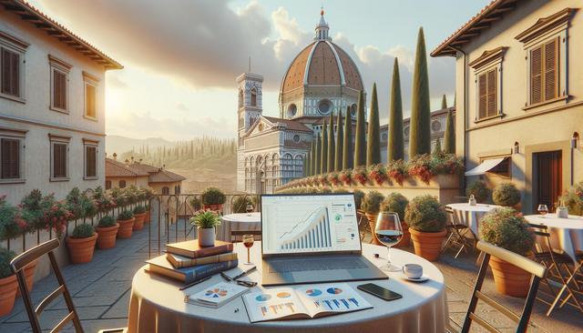 A terrace with a laptop, wine, and documents overlooks a city with a prominent dome and cypress trees at sunset.