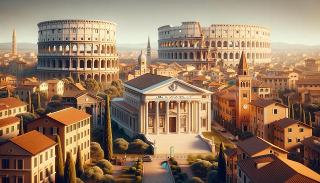 An idyllic cityscape with classical buildings, domes, and two large, round structures reminiscent of the Colosseum, under warm, golden light.