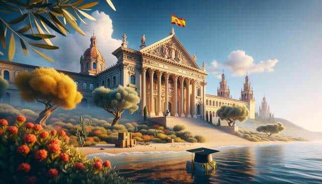 A grand building with a Spanish flag, surrounded by trees, near a beach with a graduation cap in the water.