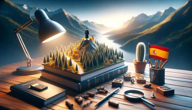 A miniature forest scene on an open book, with a person on a hill, surrounded by various study items on a desk, including a lamp, cactus, and a Spanish flag.