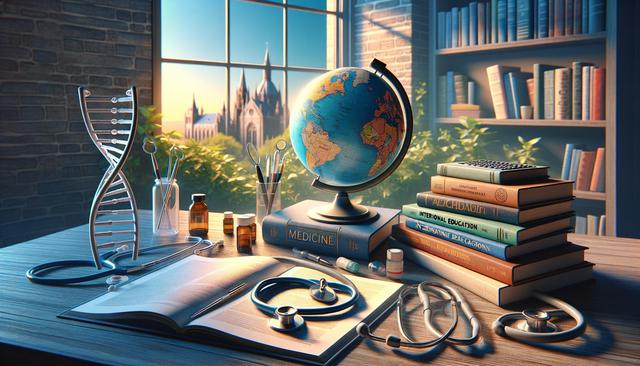 Desk with a globe, books, stethoscope, DNA model, and medical tools.