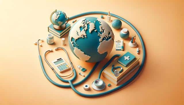 A large globe surrounded by medical items like a stethoscope, pills, and a medical book on a beige background.